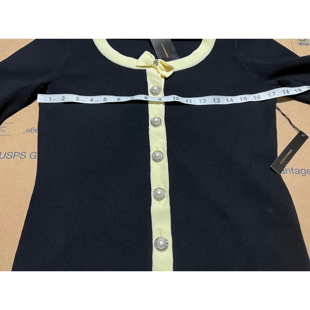 BCBGMAXAZRIA Black Yellow Contrast Trim Pearl Button Cardigan BC10503 Womens M - Picture 4 of 12